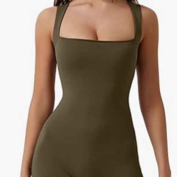 Pants - M Qinson square neck jumpsuit stretchy Olive Green NWOT